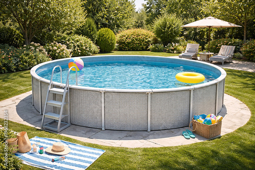 Sunny landscaped backyard with round above ground swimming pool ladder floats lounge chairs and umbrella creating a relaxing family summer retreat for outdoor leisure and recreation