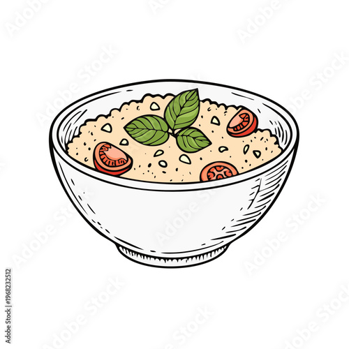 Bowl of porridge with fresh basil leaves and cherry tomato slices a healthy breakfast meal