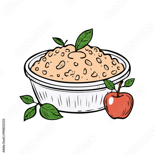 Hand drawn illustration of a bowl of oatmeal with cashews and a red apple with leaves