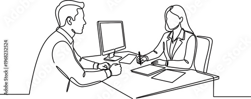 Banker and Customer in Consultation Continuous Line Drawing