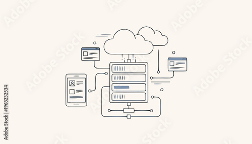 Cloud Computing Network Diagram Illustrating Data Storage and Transfer.