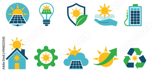 Conceptual solar energy icons with sun, panel, lightbulb, shield, and battery in cyan, green, and yellow, hand drawn vector set for clean energy