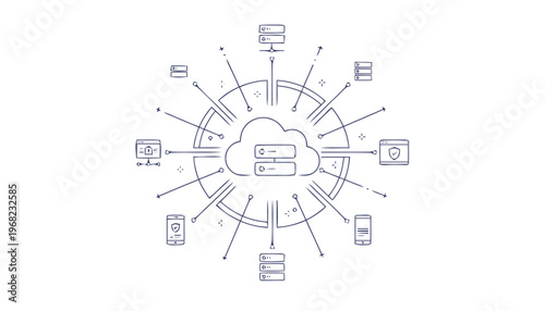 Cloud Computing Network Diagram Illustrating Data Storage and Transfer.