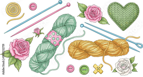 Knitting Yarn and Needles Vector Illustration Set with Wool Skeins, Buttons, Roses and Knitted Heart Craft Elements Collection
