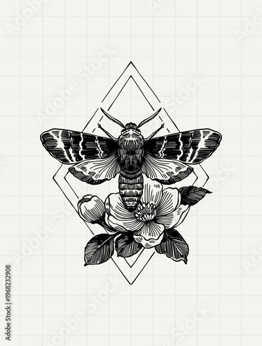 Dark Botanical Moth with Geometry Vintage Engraving Illustration