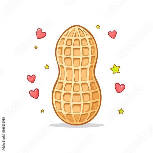 Cute cartoon peanut with hearts and stars isolated on white background