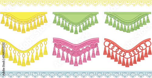 Decorative Curtain Valance with Tassels Vector Illustration Set, Drapery Trim and Ornamental Textile Border Elements for Interior Design