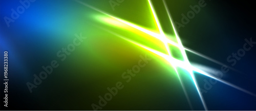 Abstract vibrant light streaks intersect. Blue, green, yellow hues blend into darkness. Energetic visual composition.