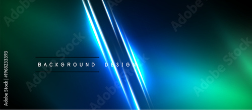 Abstract background features vibrant blue neon lines over gradient teal, dark hues. Text reads background design. Minimalist, modern aesthetic.