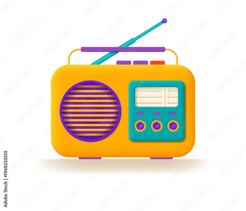 Obraz premium Yellow radio with buttons and antenna. Vector 3D illustration.