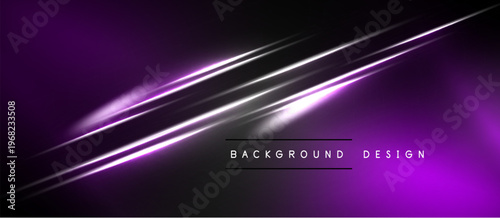 Abstract purple background features dynamic light streaks. Modern design elements create sleek visual impact. Minimalist aesthetic.