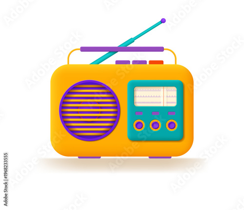 Yellow radio with buttons and antenna. Vector 3D illustration.