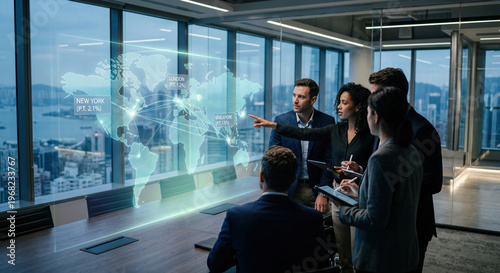 Futuristic holo map in a business office with a diversity of people