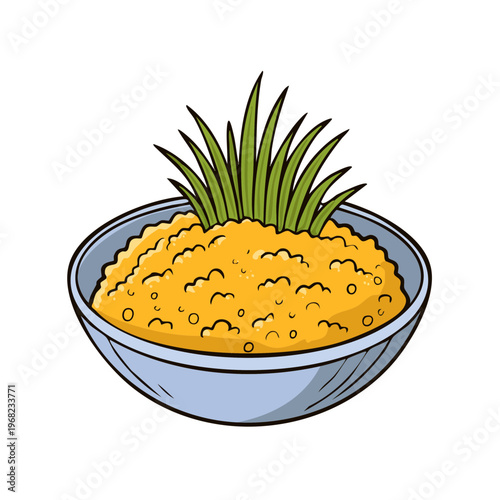 Vibrant Yellow Granular Food Mixture with Green Grass Sprouts in a Bowl