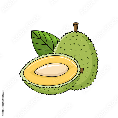 Whole and sliced exotic green spiky fruit with creamy yellow flesh and a large seed