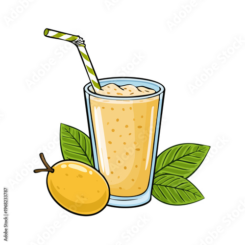Fresh yellow passion fruit smoothie in a tall glass with a straw and green leaves