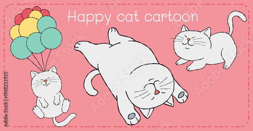 Cat cartoon happy kitten illustration playful feline character smiling doodle on pink background with balloon joy