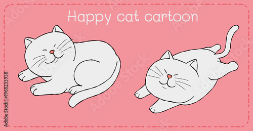Happy cat cartoon illustration pink background smiling white cat cute feline drawing playful kitty character relaxed pet art