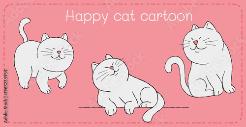 Happy cat cartoon character in playful pose, cute white pet drawing on pink background, simple line art style