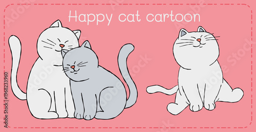 Cat cartoon happy illustration with cute white kitten and gray kitten cuddling together on pink background with smiling charm