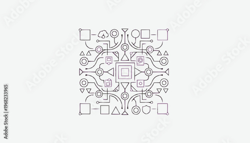 Complex Abstract Network of Shapes and Lines on White Background.