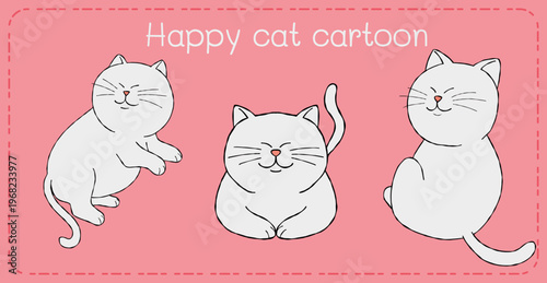 Happy cat cartoon illustration pink background minimal line art cute feline trio playful smile joy