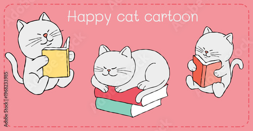 Happy cat cartoon reading book illustration on pink background minimal cute design for children banner