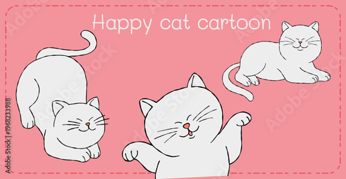 Happy cat cartoon illustration with cute playful kitten character on pink background design