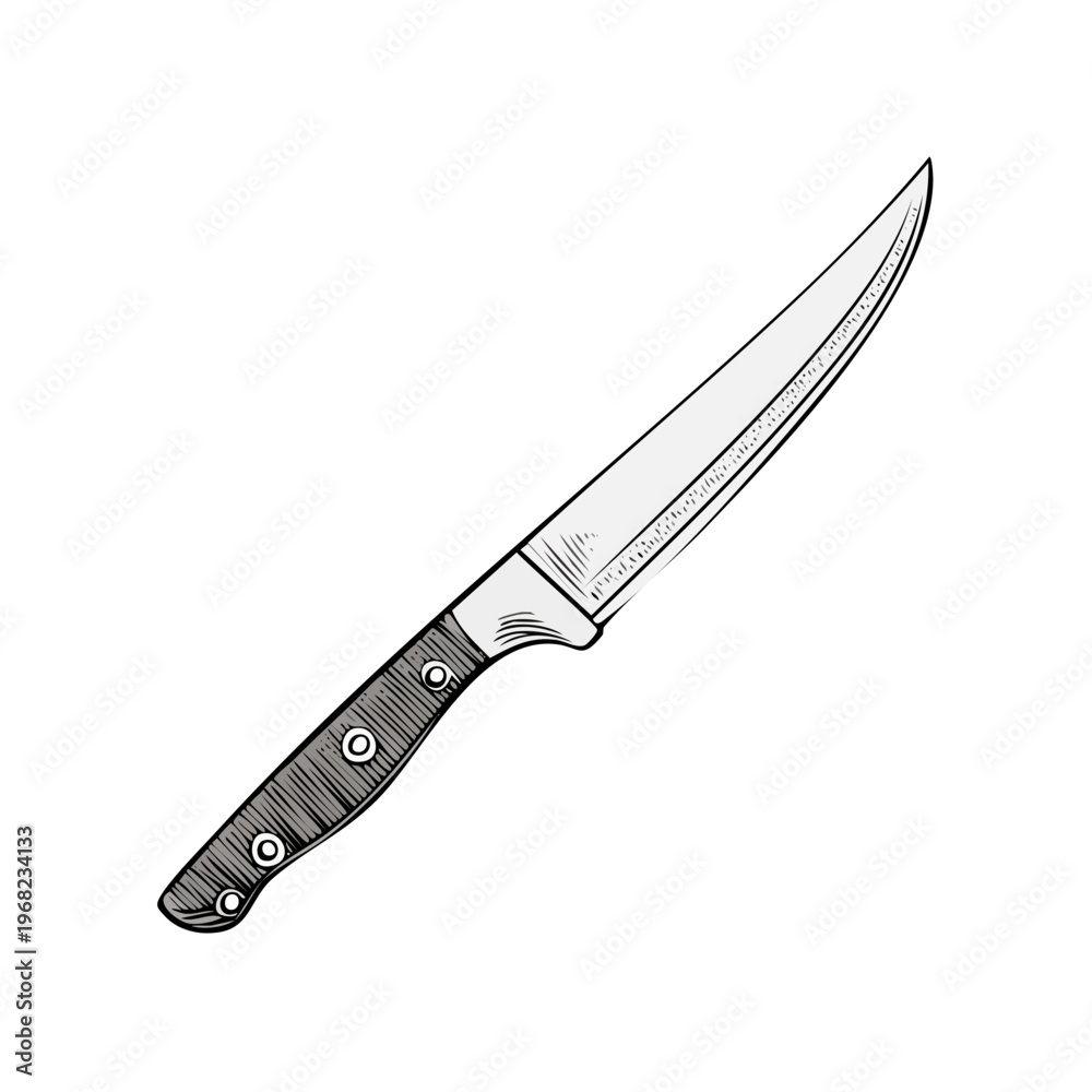 Obraz premium Hand drawn illustration of a sharp kitchen knife with a textured handle on a plain background