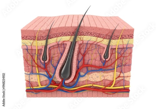 3d crosssection illustration of human skin anatomy with hair follicles and blood vessels isolated on white background
