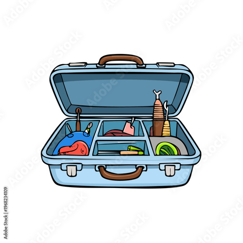Open blue tool case with organized contents and compartments for storage