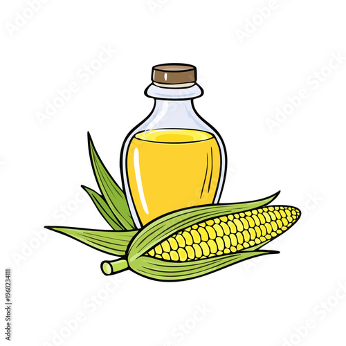 Corn oil bottle and ear of corn with green leaves illustration