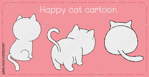 Happy cat cartoon character rear view on pink background playful minimal illustration