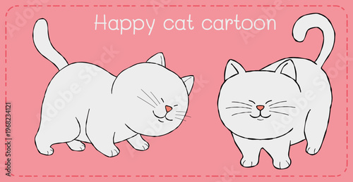 Happy cat cartoon illustration cute feline smile playful pink background minimal drawing