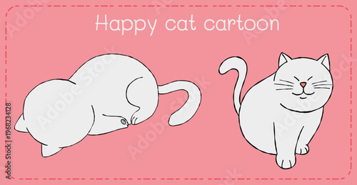 Happy cat cartoon illustration on pink background shows cute white cat playful pose and smiling face