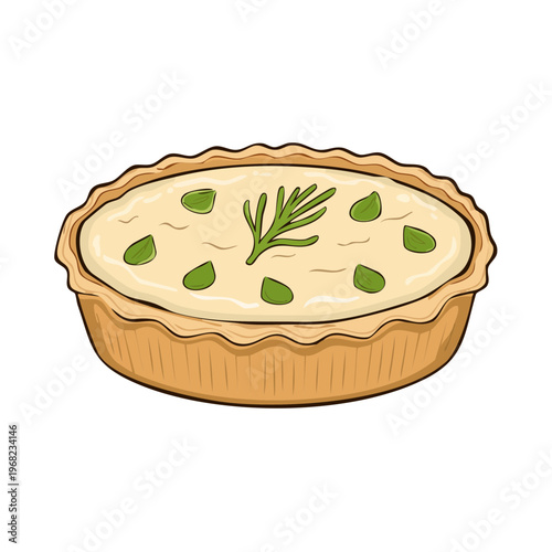 Hand Drawn Savory Quiche Tart with Creamy Filling and Green Herbs Garnish