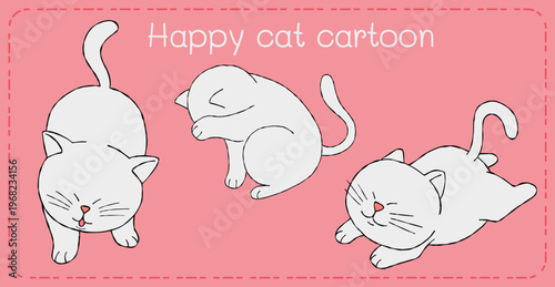 Cat cartoon happy kitten set playful pose minimal pink background