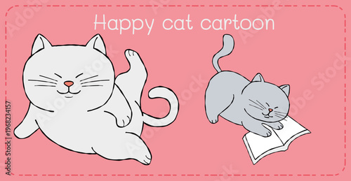 Happy cat cartoon character on pink background playful feline art joyful design for children and card decoration