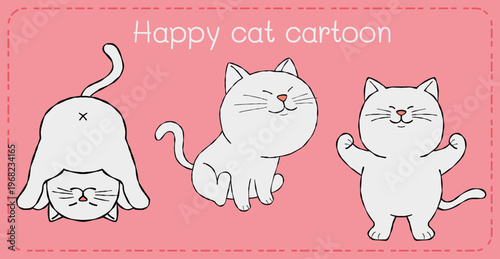 Happy cat cartoon character trio pose on pink background joyful mood