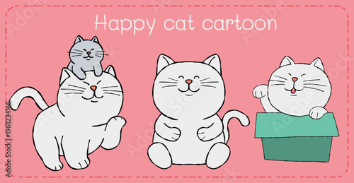 Happy cat cartoon trio pink background playful illustration