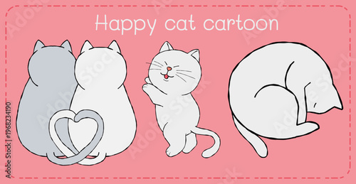 Happy cat cartoon illustration with cute playful kitten on pink background and sweet romantic mood