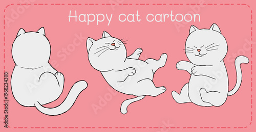 Cat cartoon happy white kitten playful pose pink background cute minimal style