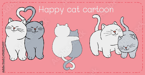 Happy cat cartoon couple cuddle love pink background playful cute hug