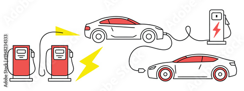 Electric cars charging at station with red and white chargers and batteries, representing sustainable mobility