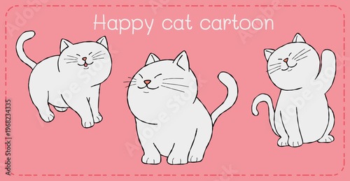 Happy cat cartoon character trio playful pink background illustration