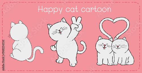 Happy cat cartoon character pink background cute cat illustration white kawaii kitten playful art funny pet drawing love