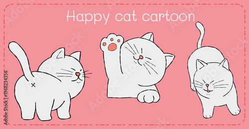 Happy cat cartoon trio playful pink background, cute line drawing minimal style illustration