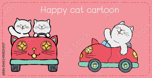 Cat cartoon car illustration cute pink background playful animal character art