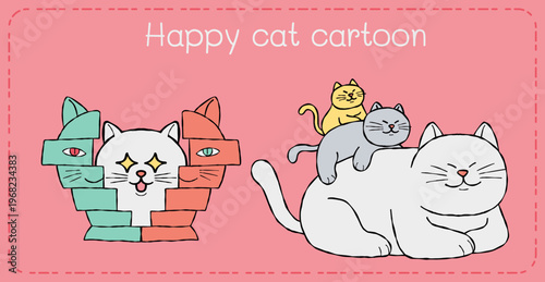 Happy cat cartoon illustration playful pastel color background, cute feline character design for children decor and greeting