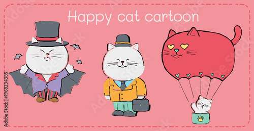 Happy cat cartoon character in costume and balloon scene with cute playful mood on pink background